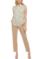 Dkny Petite Sleeveless Ruffled Printed Blouse, Created for Macy's - Parchment