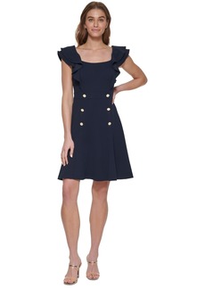 Dkny Petite Square-Neck Double-Ruffle-Sleeve Fit & Flare Dress - Midnight