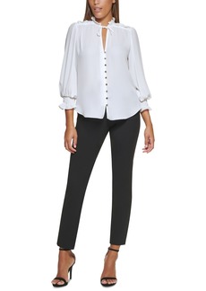 Dkny Petite Tie-Neck Button-Front Ruffled Top, Created for Macy's - Linen White