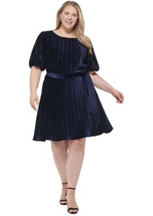 Dkny Plus Size Bubble-Sleeve Tie-Waist Pleated Dress - Midnight