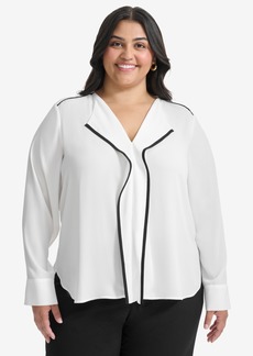 Dkny Plus Size Contrast-Trim Long-Sleeve Blouse - Linen White/Black