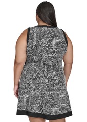 Dkny Plus Size Contrast-Trim Printed Sleeveless Dress - Black Ivory