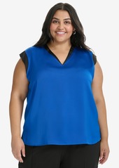 Dkny Plus Size Contrast-Trim V-Neck Blouse - Lapis Blue