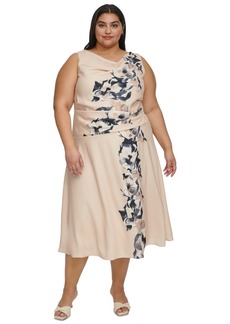 Dkny Plus Size Cowlneck Cascading-Floral Midi Dress - Elegant Beige
