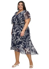 Dkny Plus Size Floral Crinkle-Chiffon Smocked Midi Dress - Navy Multi
