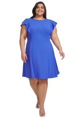 Dkny Plus Size Flutter-Sleeve Scuba-Crepe Fit & Flare Dress - Iris Blue