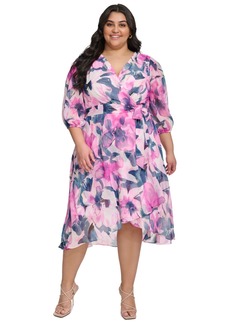 Dkny Plus Size Printed Blouson-Sleeve Faux-Wrap Dress - Power Pink Multi