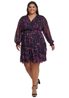 Dkny Plus Size Printed Blouson-Sleeve Fit & Flare Dress - Navy/Pink