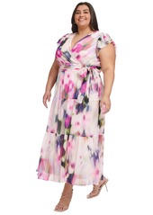 Dkny Plus Size Printed Flutter-Sleeve Chiffon Maxi Dress - Navy Multi