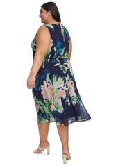 Dkny Plus Size Printed Side-Ruched Sleeveless Chiffon Dress - Navy Multi