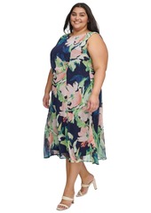 Dkny Plus Size Printed Side-Ruched Sleeveless Chiffon Dress - Navy Multi