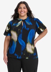 Dkny Plus Size Printed Twist-Neck Puff-Sleeve Blouse - Lapis Blue Multi