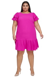 Dkny Plus Size Ruffle Flutter-Sleeve Boat-Neck Dress - Power Pink