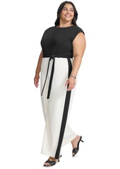 Dkny Plus Size Tie-Waist Wide-Leg Scuba Crepe Jumpsuit - Black/Eggshell