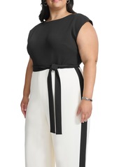 Dkny Plus Size Tie-Waist Wide-Leg Scuba Crepe Jumpsuit - Black/Eggshell