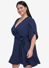 Dkny Plus Size Tulip-Sleeve Faux-Wrap Dress - Navy