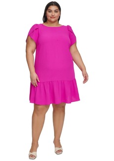 Dkny Plus Size Tulip-Sleeve Ruffled-Hem Shift Dress - Power Pink