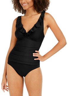 Dkny Ruffle Plunge Underwire Tummy Control One-Piece Swimsuit, Created for Macy's - Black