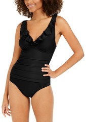 Dkny Ruffle Plunge Underwire Tummy Control One-Piece Swimsuit, Created for Macy's Women's Swimsuit