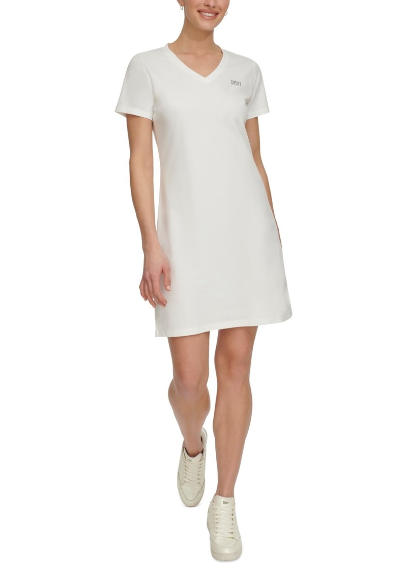 Dkny Sport Women's Metallic-Logo V-Neck Short-Sleeve Dress - White