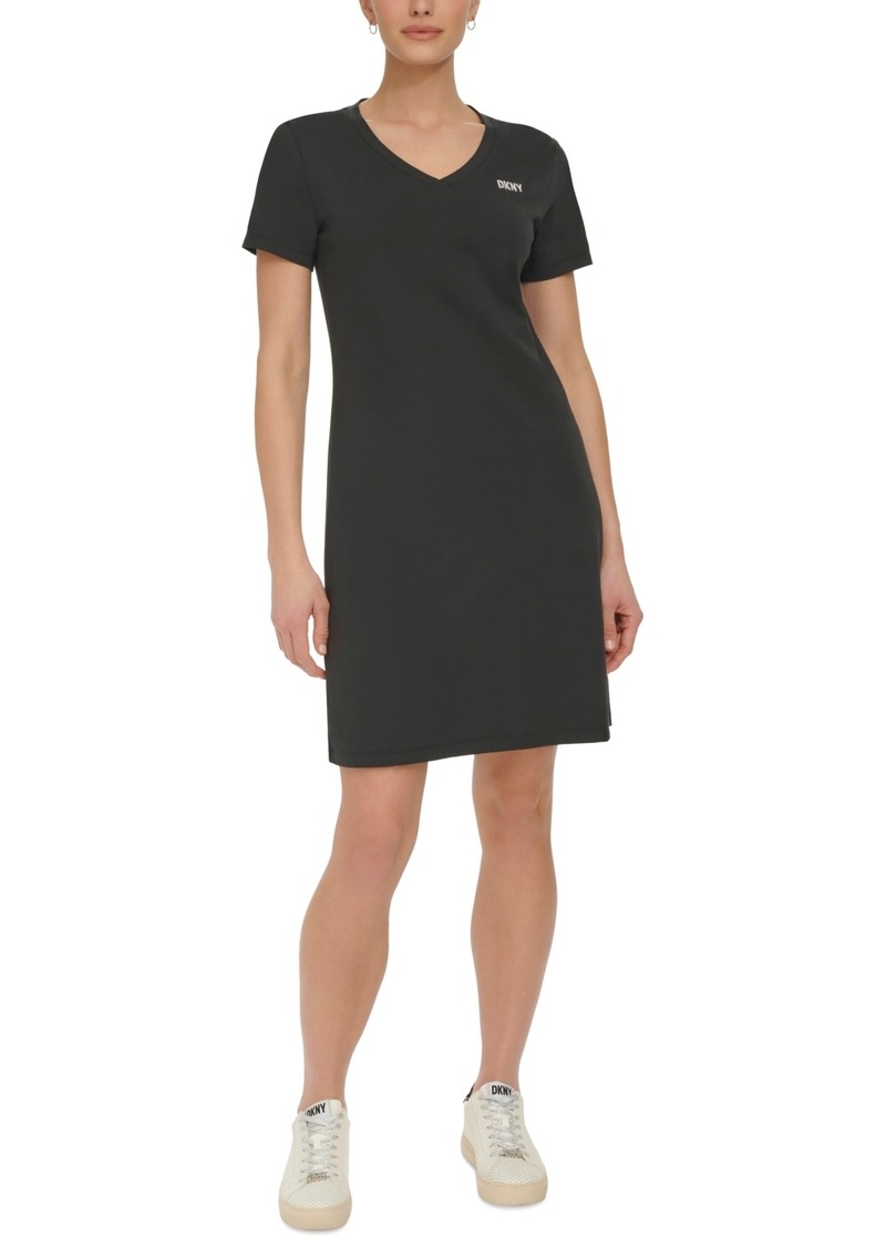 Dkny Sport Women's Metallic-Logo V-Neck Short-Sleeve Dress - Black/ Silver