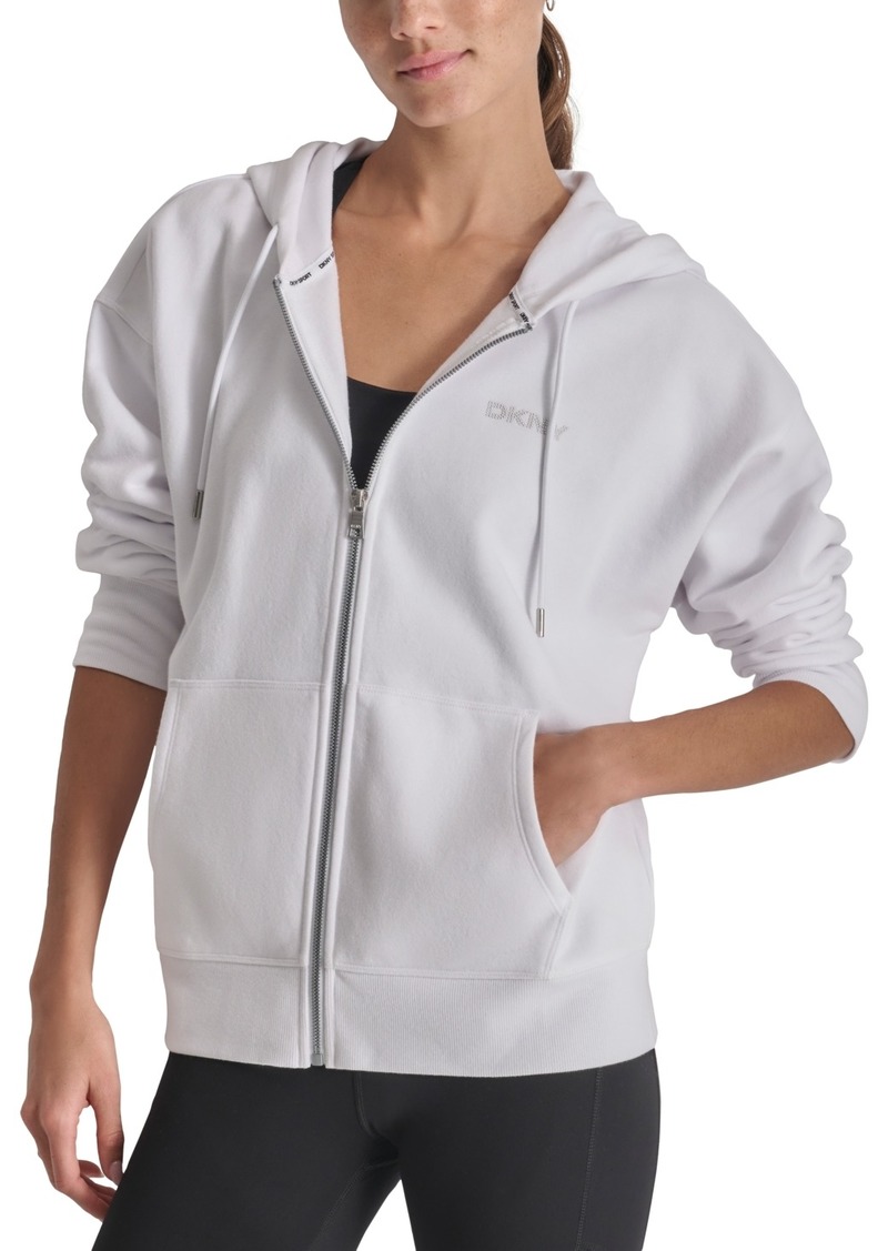 Dkny Sport Women's Mini-Stud-Logo Zippered Fleece Hoodie - White