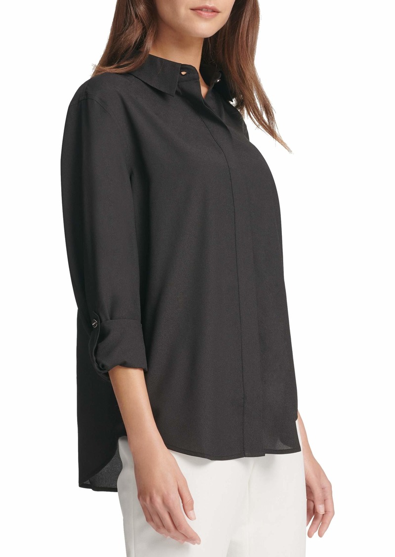 DKNY SPORTSWEAR Women's Missy Collared Long Sleeve Business Casual Loose Woven Blouse  XS