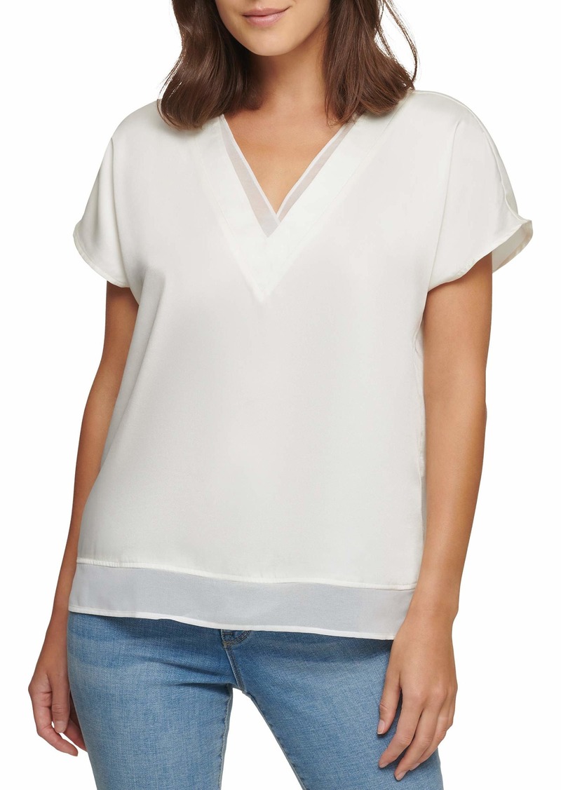 DKNY SPORTSWEAR womens V-neck Woven Short sleeve top   US