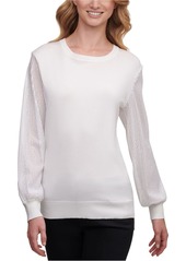 DKNY SPORTSWEAR Women's Missy Sheer Sleeve Sweater Ivy-Ivory L