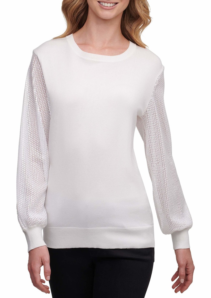 DKNY SPORTSWEAR Women's Missy Sheer Sleeve Sweater Ivy-Ivory L