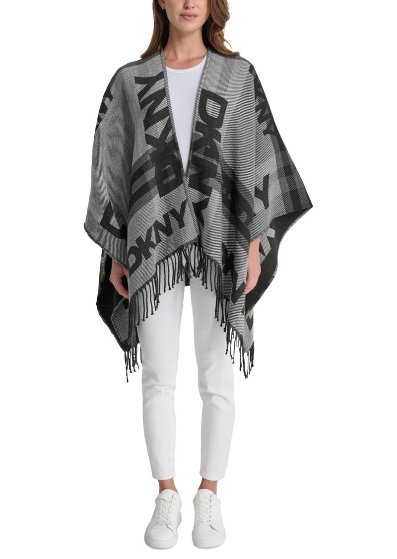 Dkny Taxi Cab Fringe Trim Repeating Logo Blanket Wrap - Black