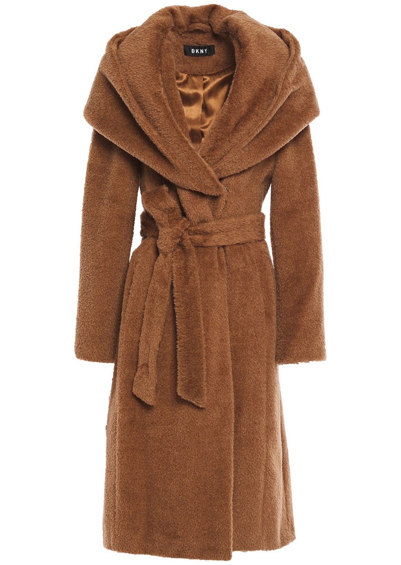 Dkny Woman Belted Brushed Wool-blend Hooded Coat Light Brown