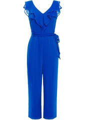 Dkny Woman Cropped Belted Ruffled Crepon Jumpsuit Bright Blue