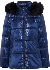 Dkny Woman Faux Fur-trimmed Quilted Glossed-shell Hooded Jacket Indigo