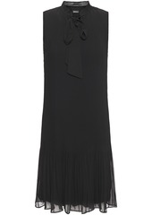 Dkny Woman Pussy-bow Plissé-georgette Dress Black