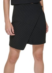 DKNY Women's Asymetrical Mini Front Wrap Button Closure Skirt BLK/Ivory