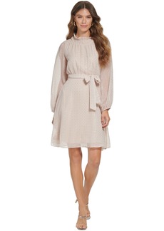 Dkny Women's Balloon-Sleeve Belted A-Line Dress - Champagne/Gold/Silver