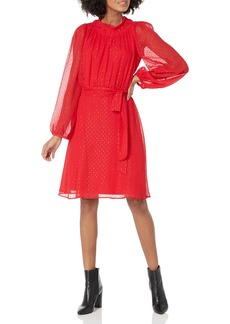 DKNY Women's Balloon Sleeve Ruffled w/Belt Dress ELGN RED/GLD/SLV