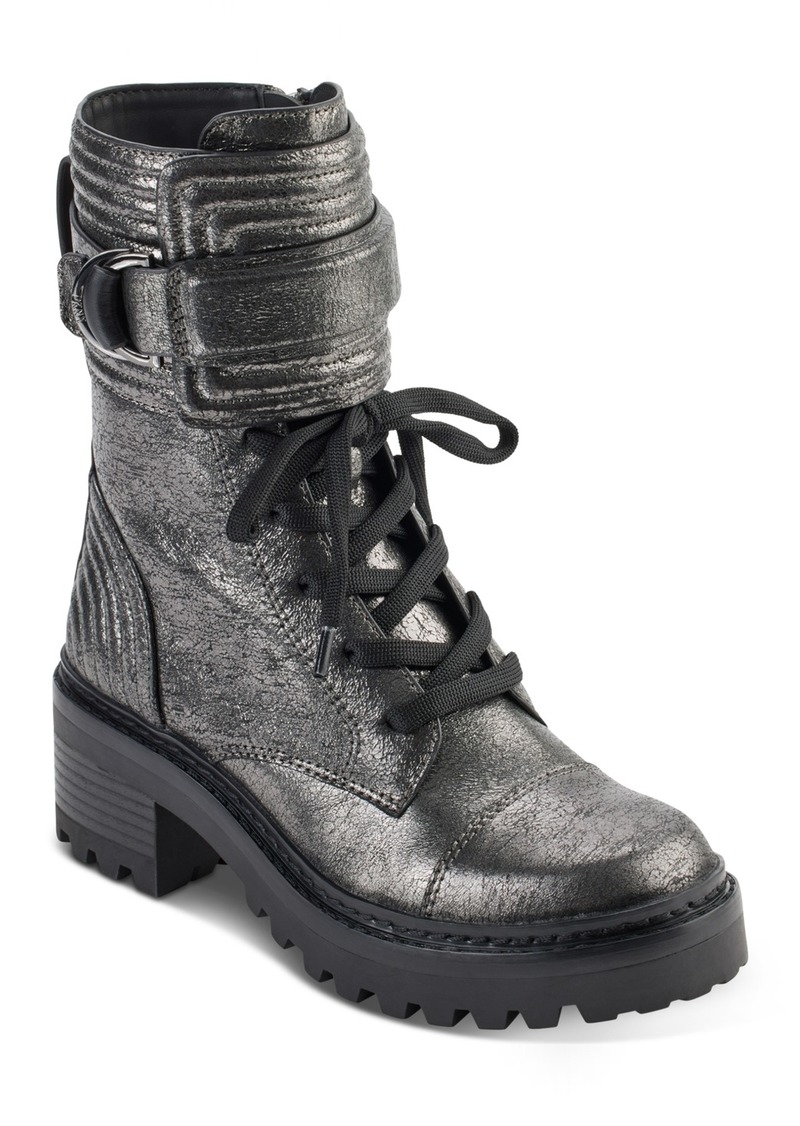 Dkny Women's Basia Buckled Quilted Lug Sole Combat Boots - Dark Gunmetal