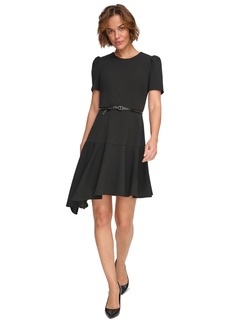 Dkny Women's Belted Asymmetric-Hem Ruffle Dress - Black