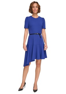 Dkny Women's Belted Asymmetric-Hem Ruffle Dress - Lapis Blue