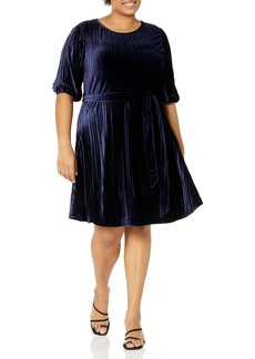 DKNY Women's Bubble Sleeve Pleated Velvet Dress Midnight NVY