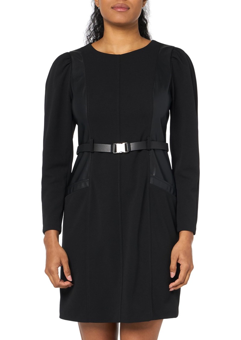 DKNY Women's Buckled Belt Mix Media Long Sleeve Dress