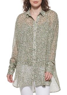 DKNY Women's Button-Down Sheer Printed Sportswear Top