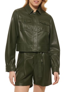 DKNY Women's Button Front Vegan Leather Long Sleeve Jacket