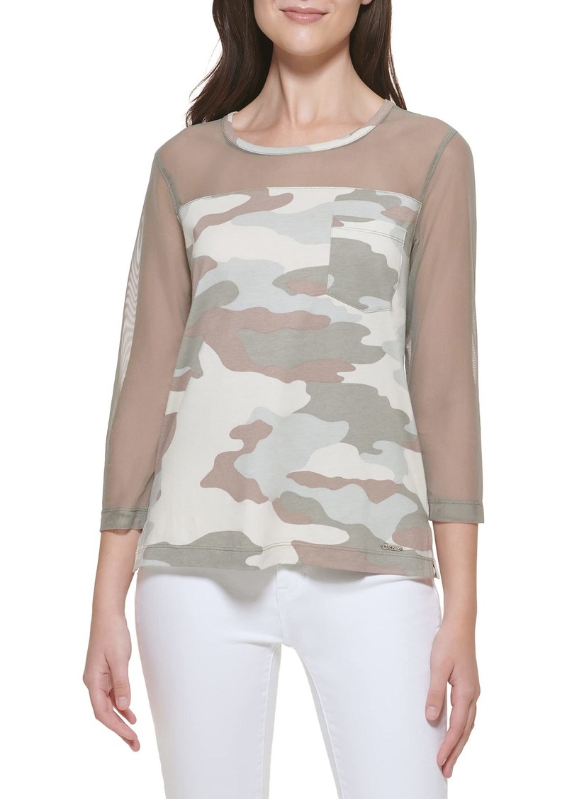 DKNY Women's Camo Chest Pocket Sheer Sportswear Top