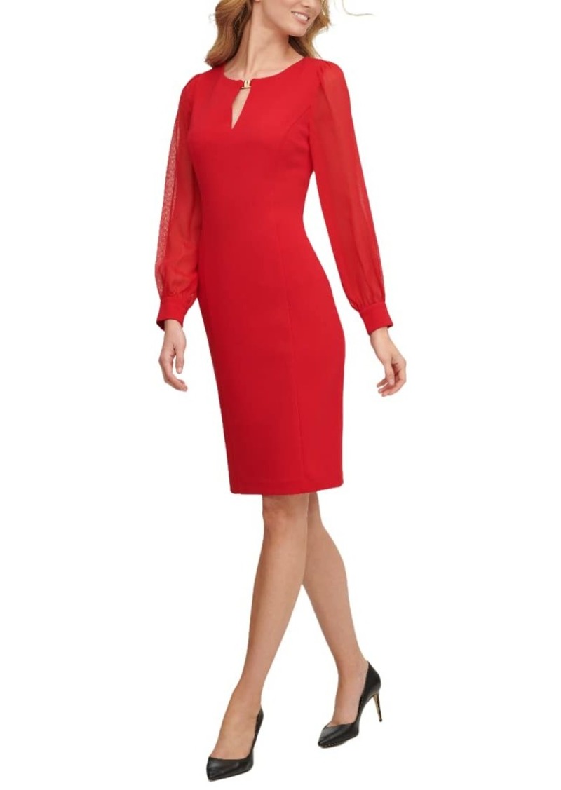 DKNY Women's Classic Chiffon Sleeve Sheath with Keyhole Scarlet