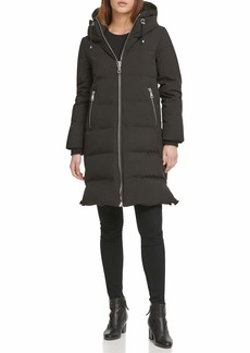 DKNY Women's Coat Black Midi Puffer with Hood
