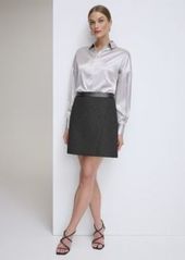 Dkny Womens Collared Button Front Satin Top Lurex Tweed Faux Leather Trim A Line Skirt
