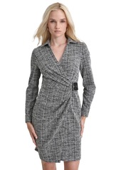 Dkny Women's Collared Faux-Wrap Long-Sleeve Dress - Black/Cream